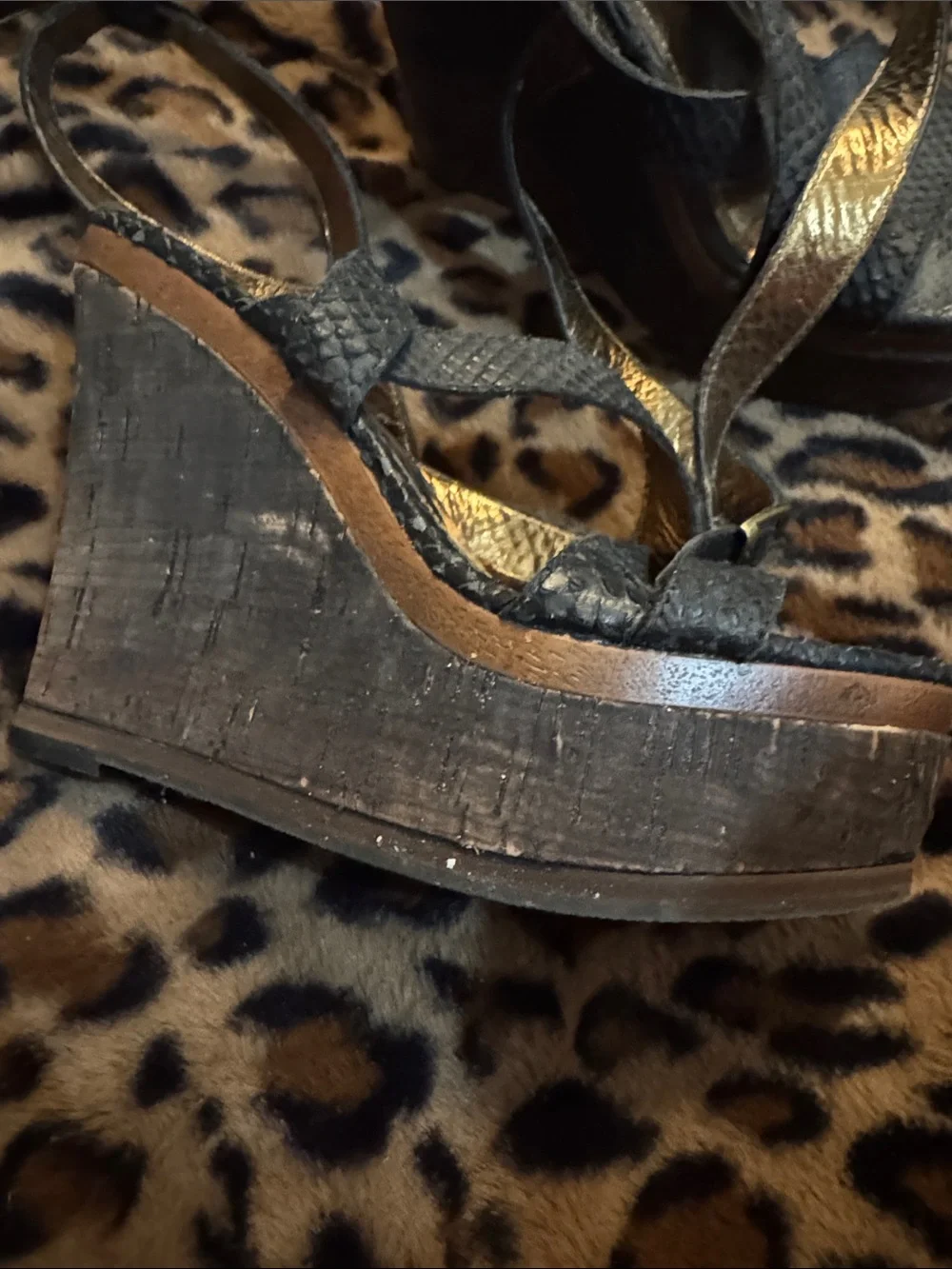 Fergie Black Textured Platform Wedge Sandals